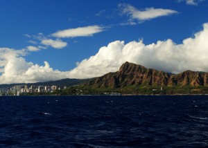 Diamond Head keeps a watchful eye over Waikiki. As seen from the blurry eye of the Na Hoku II.